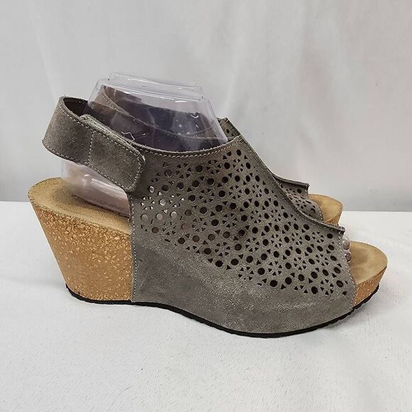 A.Giannetti Cork Wedge Sandals Womens Size 9 Gray Leather Geometric Perforated - Picture 2 of 10